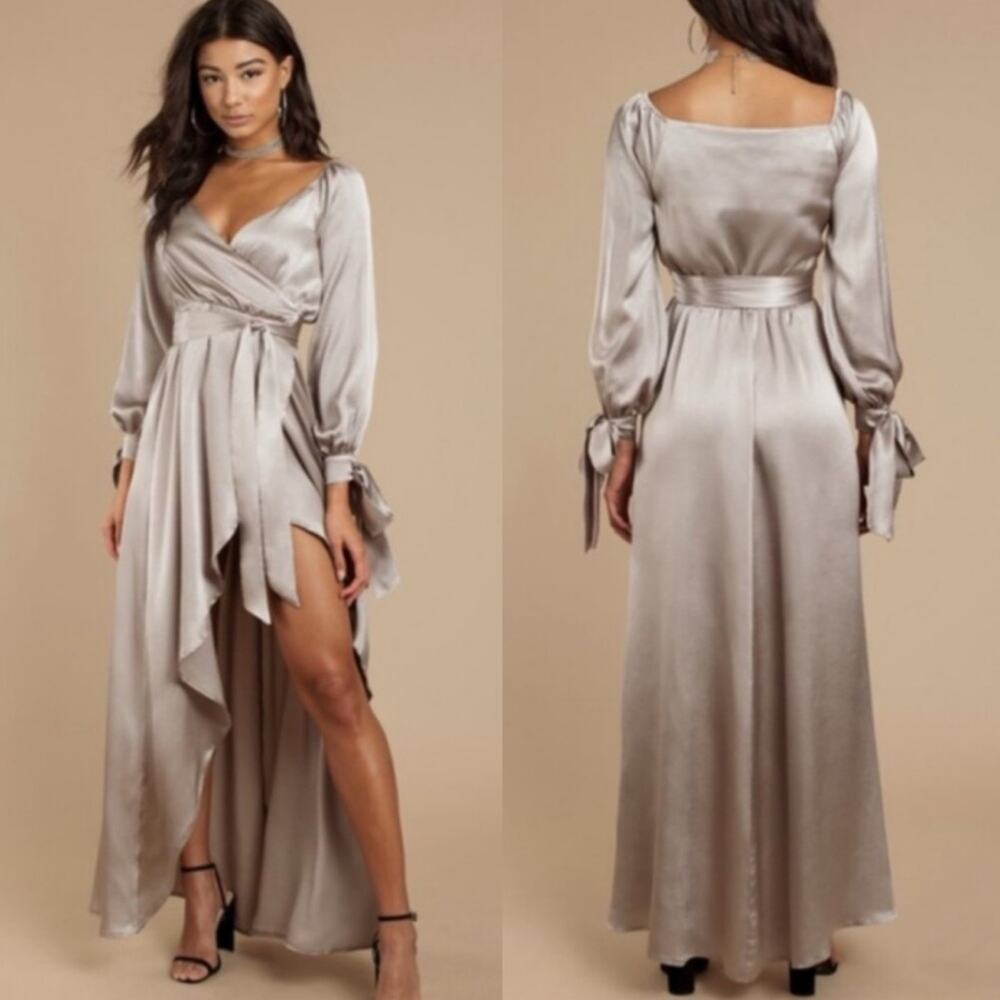 TOBI Silver Metallic Satin Long Sleeve Wrap Dress Size XS Formal Cocktail Guest